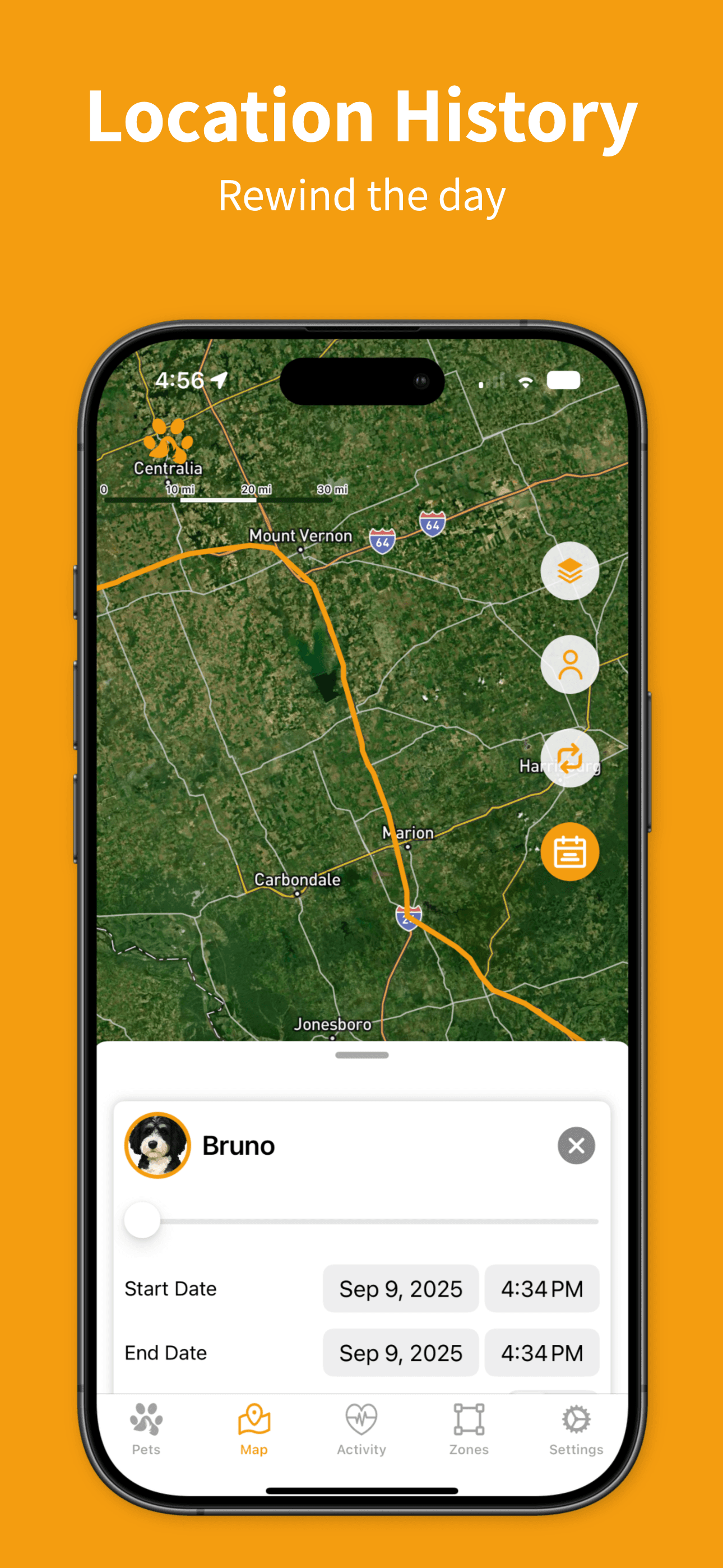 ToughTail location history view highlighting paths and hotspots.
