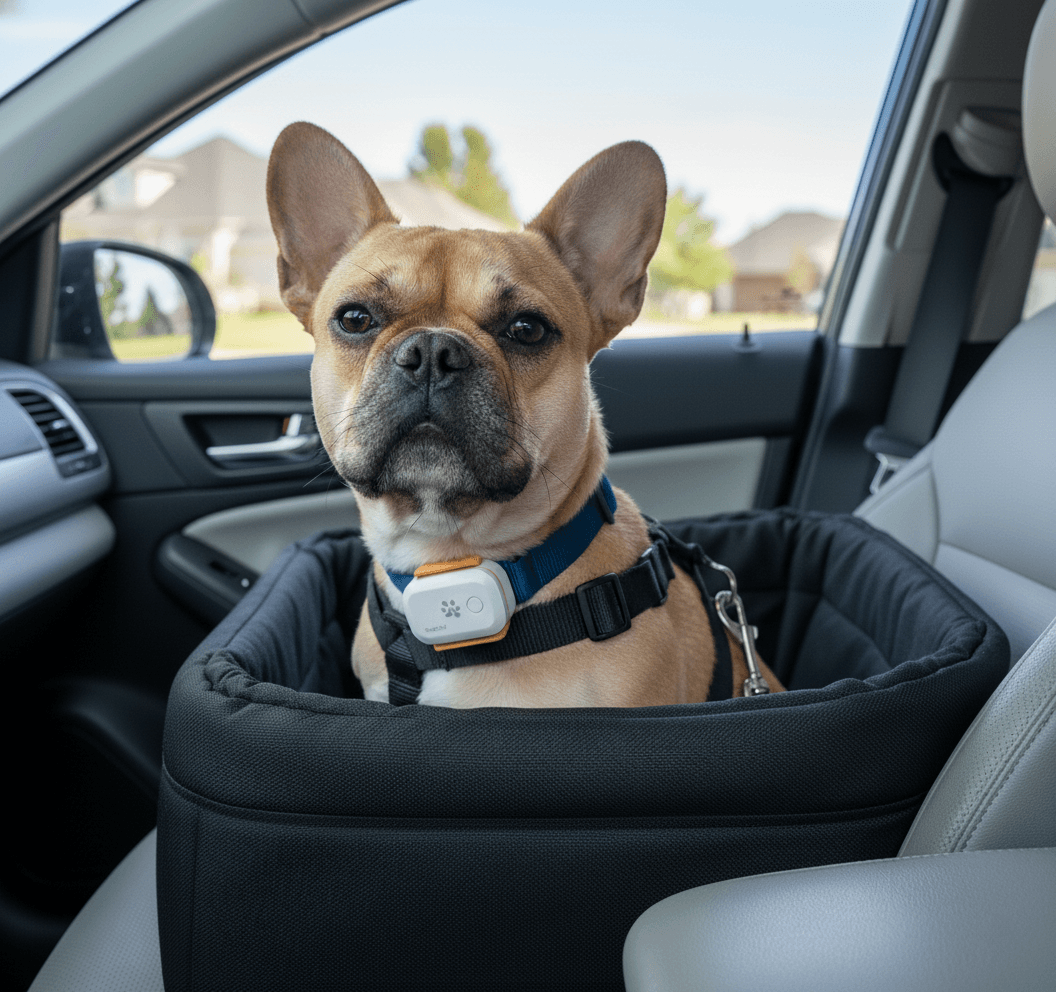 Dog wearing a ToughTail tracker while looking out a car window
