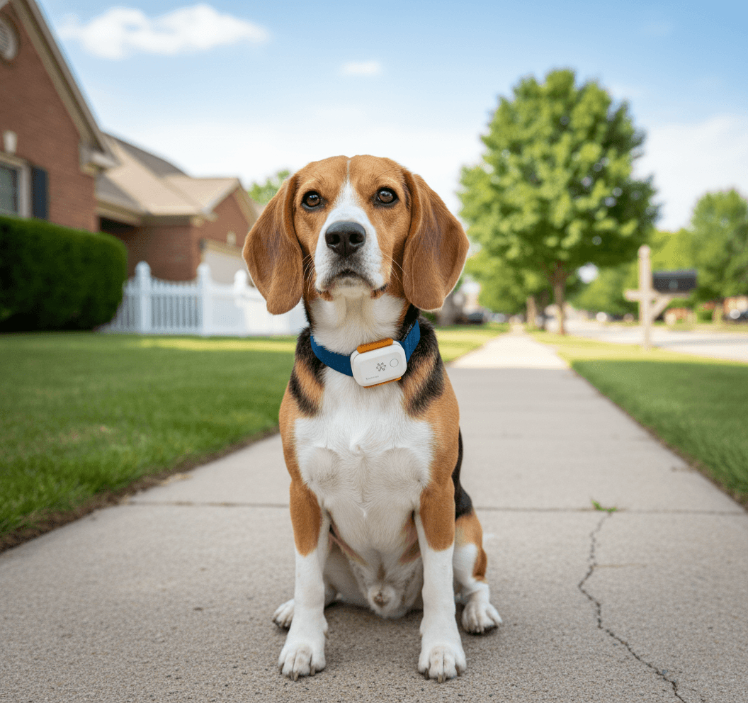 Dog exploring a city street with a ToughTail tracker attached