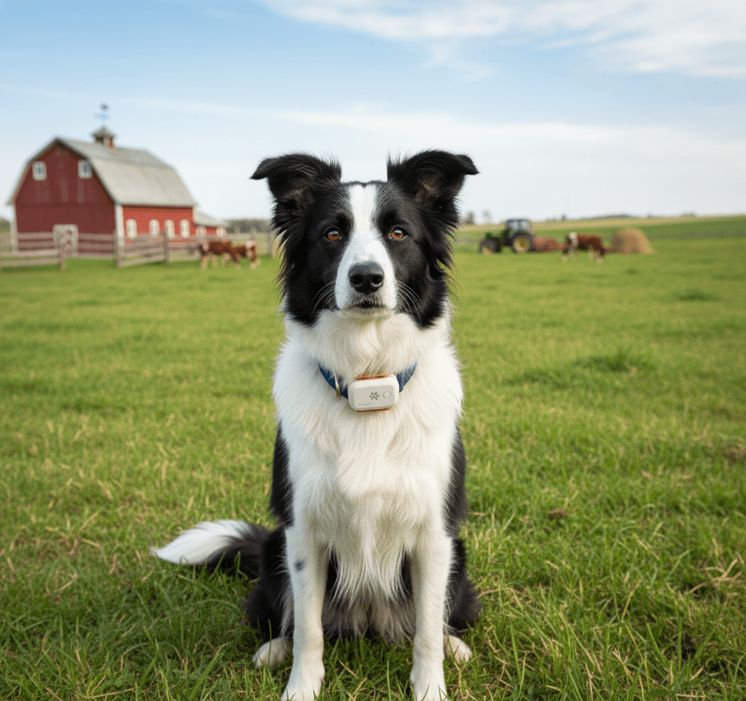 Dog relaxing downtown while wearing a ToughTail collar