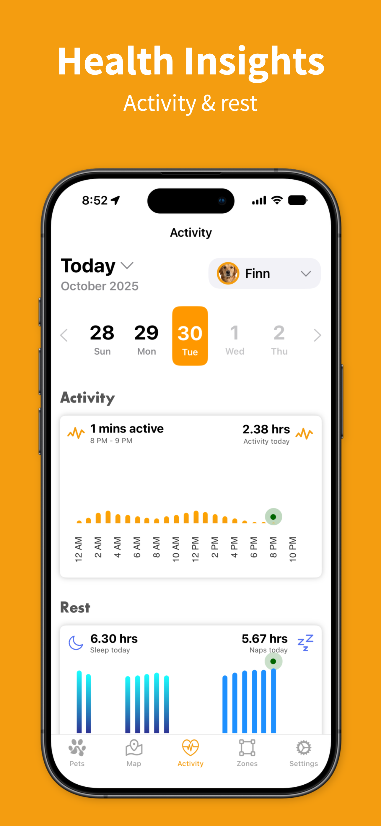 ToughTail™ activity screen summarizing daily movement and rest.