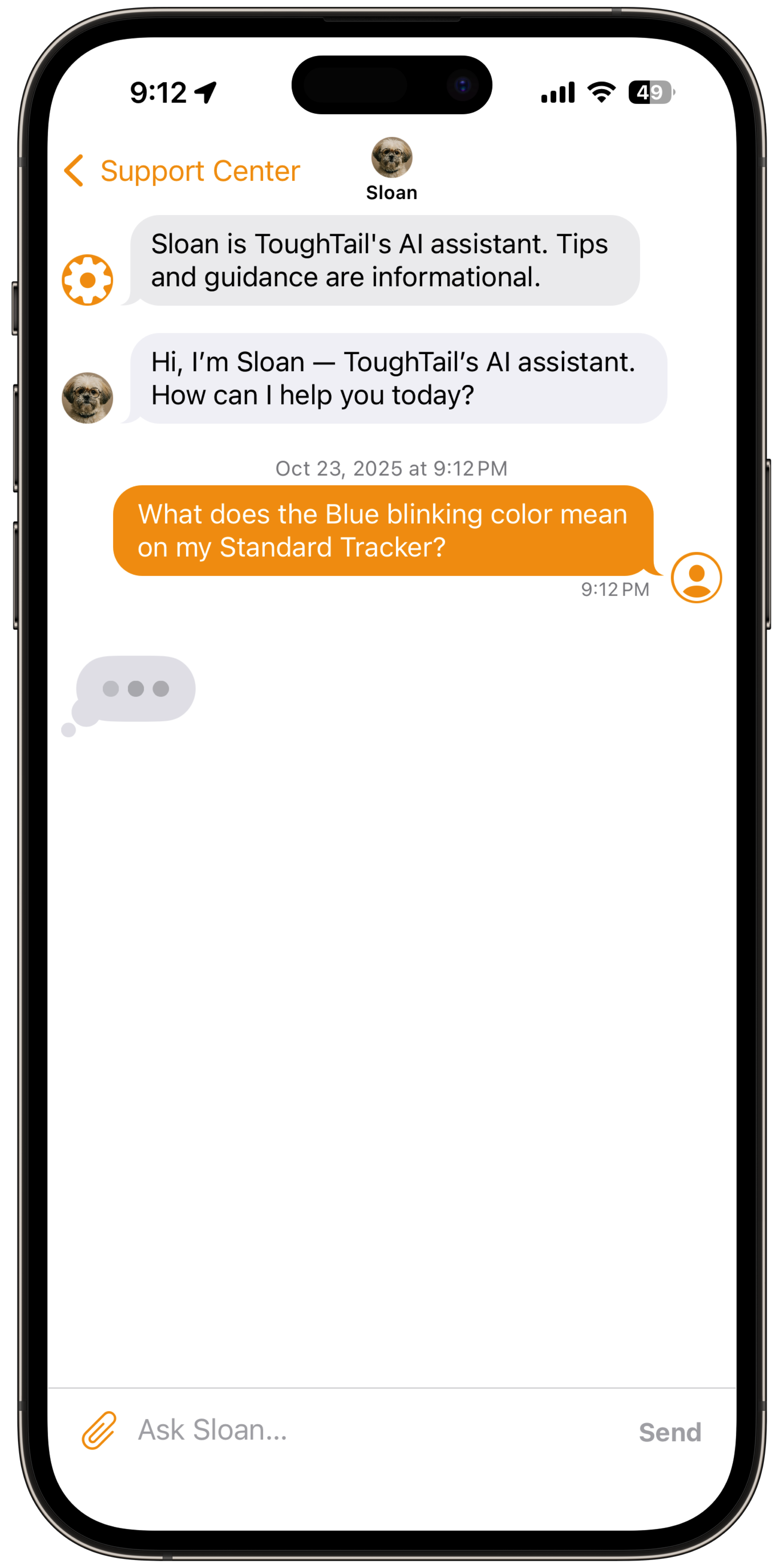 AI chat assistant typing suggestions inside the ToughTail™ app