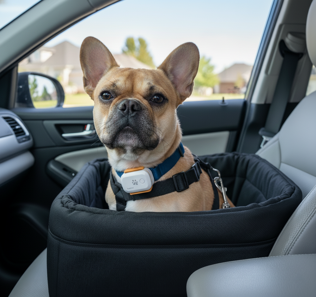 Dog wearing a ToughTail™ tracker while looking out a car window