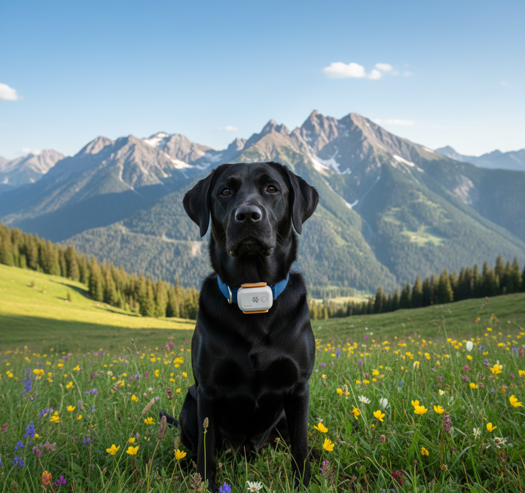 Dog geared up for a mountain hike wearing a ToughTail™ device