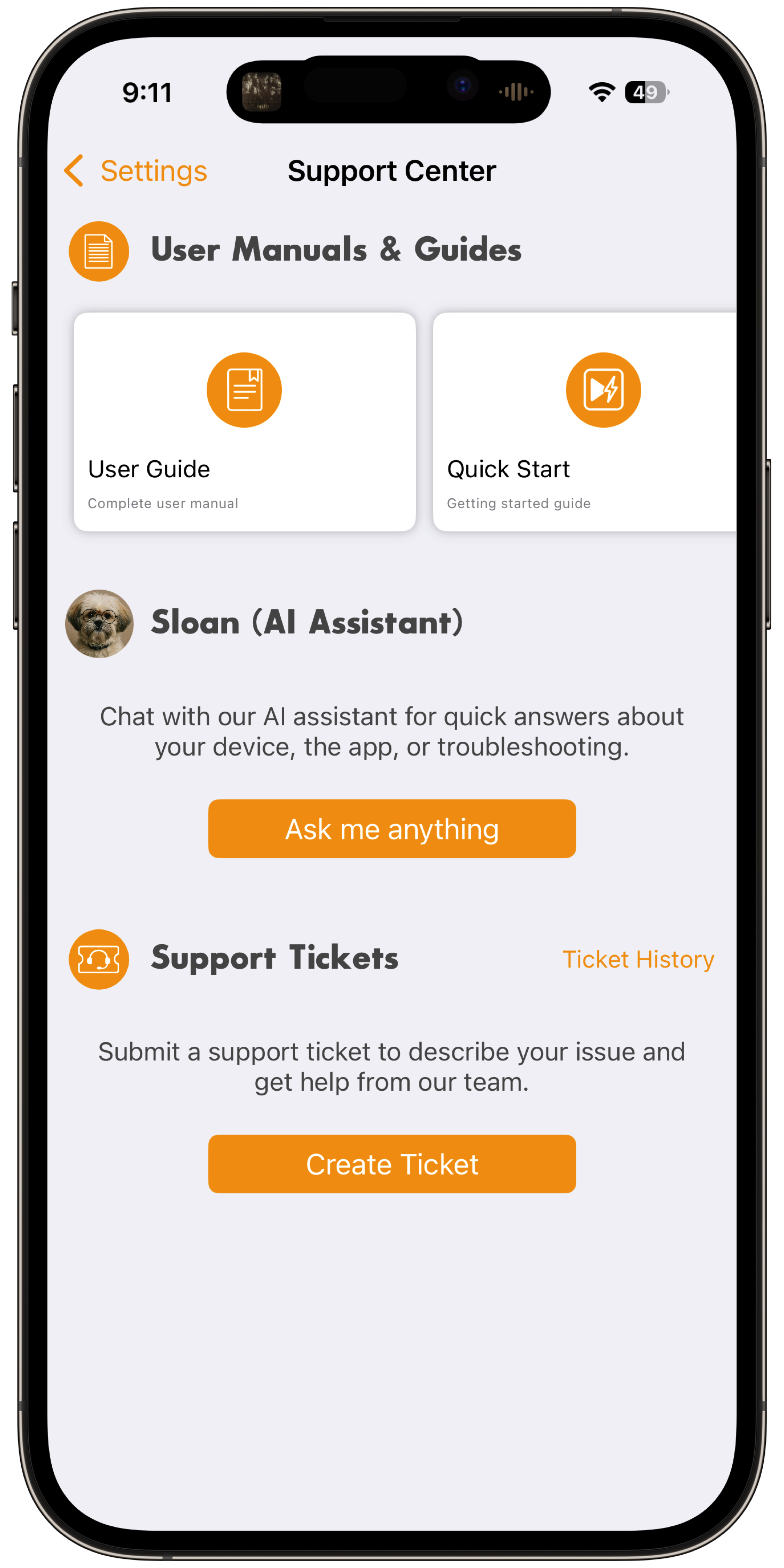 ToughTail™ support center screen with chat and scheduling options