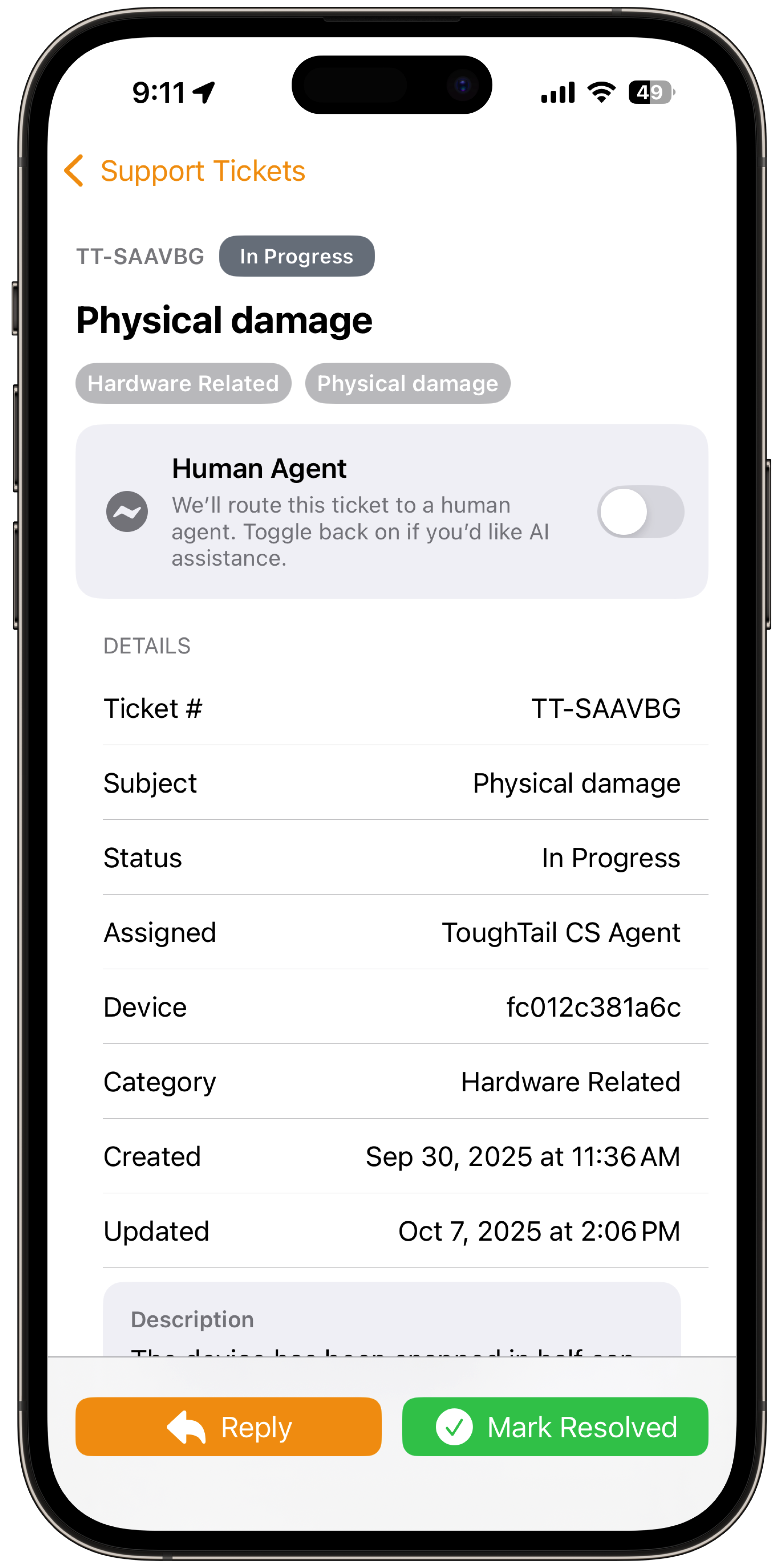 ToughTail™ dashboard showing device health and open support tickets